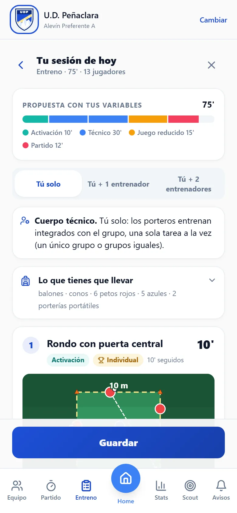 Propuesta de sesión de 75 minutos para 13 jugadores, con el material y el primer ejercicio dibujado