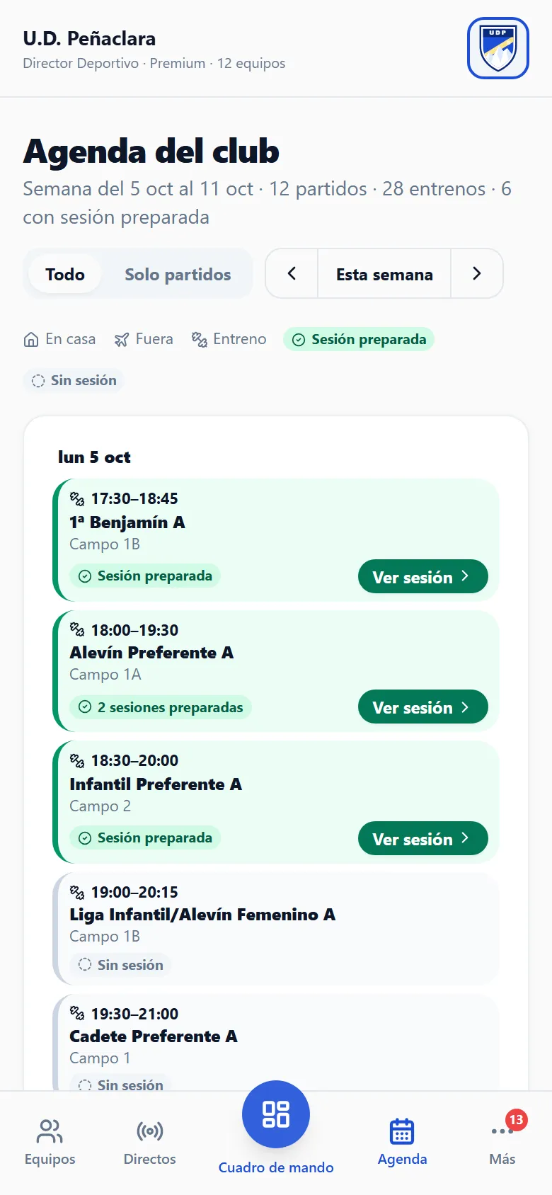 Agenda del club en el móvil: entrenos y partidos de la semana y qué equipos tienen la sesión preparada